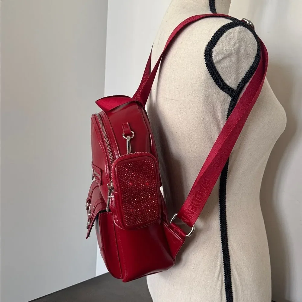 Madden NYC Red Patent Faux Leather Backpack Travel Everyday Wear Bag Casual EUC